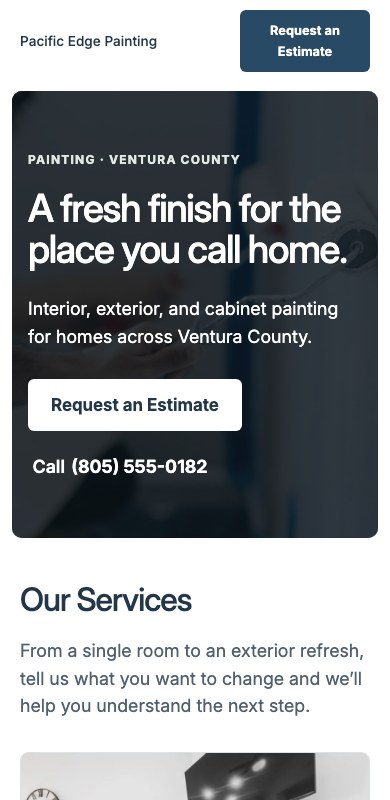 Mobile view of the Pacific Edge Painting example website